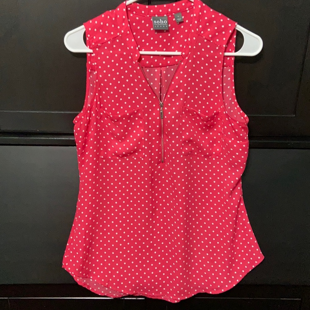 Sleeveless pnk/wht dots top front zipper&pockets